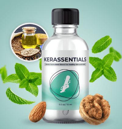 Original bottle of Kerassentials oil with dropper applicator, natural doctor-formulated antifungal solution for healthy nails and skin