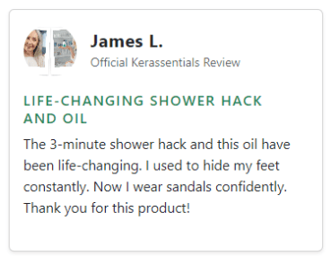 Customer testimonial image showing satisfaction with Kerassentials oil results in recovering severely damaged or discolored nails