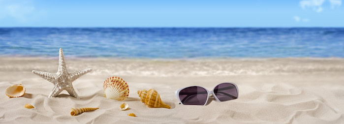 Seashells and sunglasses on beach sand with ocean background, representing relaxation and coastal scenery.