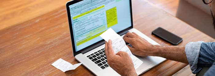 Professional business person reviewing financial documents on laptop for business solutions and consulting.