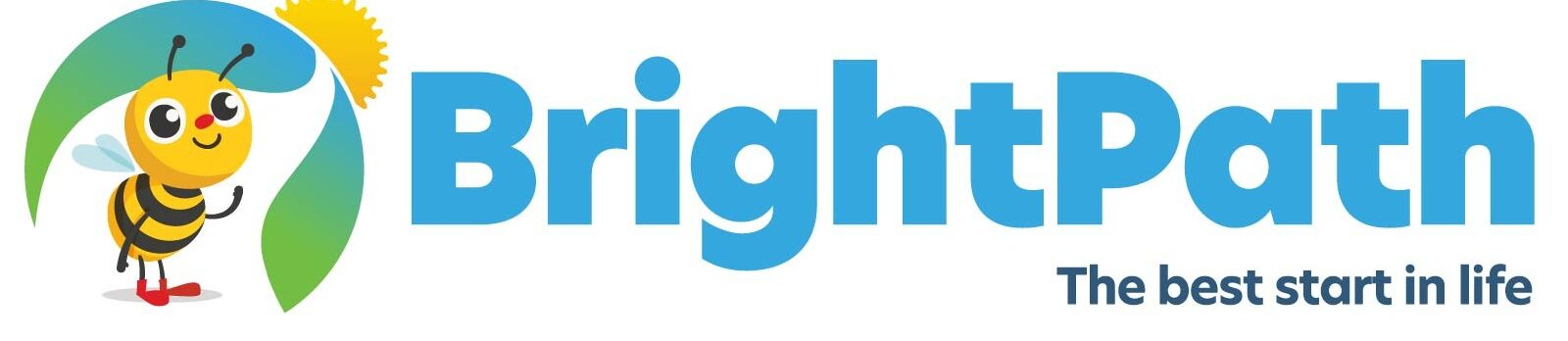 BrightPath logo featuring a cheerful bee mascot and the tagline "The best start in life" for early childhood education branding.
