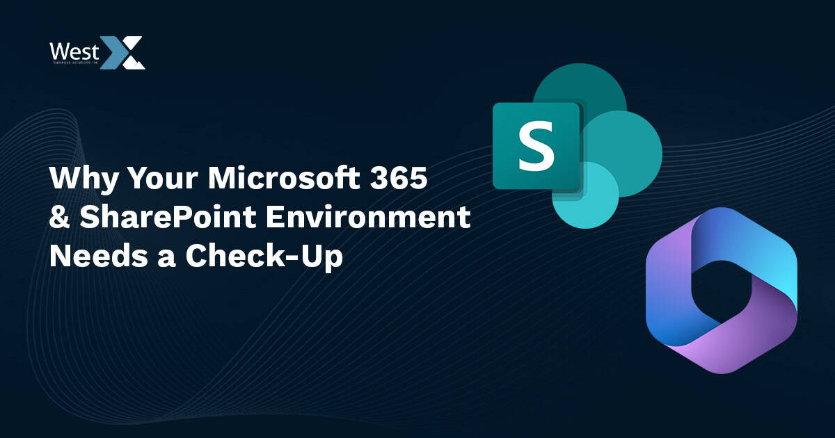 Microsoft 365 SharePoint environment check-up graphic for business solutions.