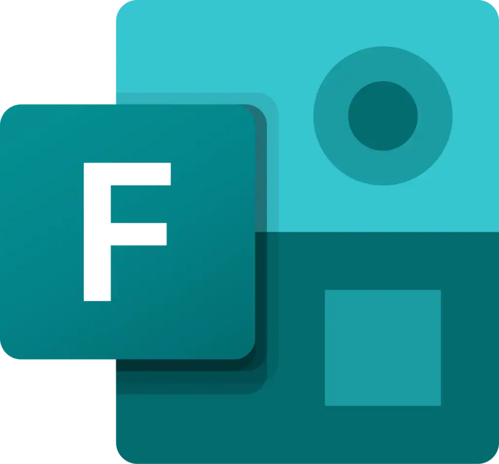 Microsoft 365 icon set with letter F and geometric shapes in teal shades for productivity and collaboration tools.