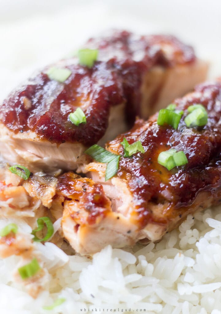 Salmon with Rhubarb Sauce in a bowl with rice