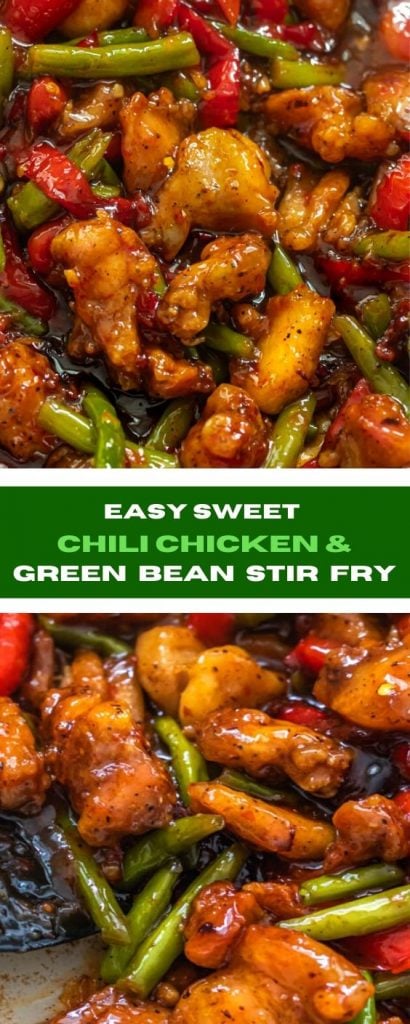 A photo of chicken stir fry with green beans in a skillet