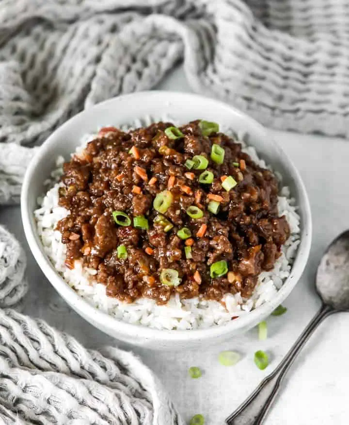 A bowl of hamburger stir fry in a sweet chili sauce 
