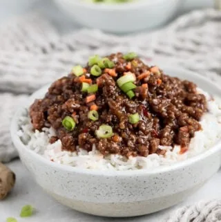 Korean ground beef in a bowl with sweet chili sauce