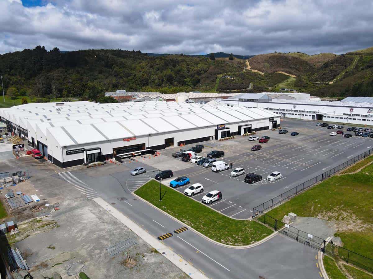Aerial view of White Lion industrial warehouse with parking lot at 27 Blenheim Street.