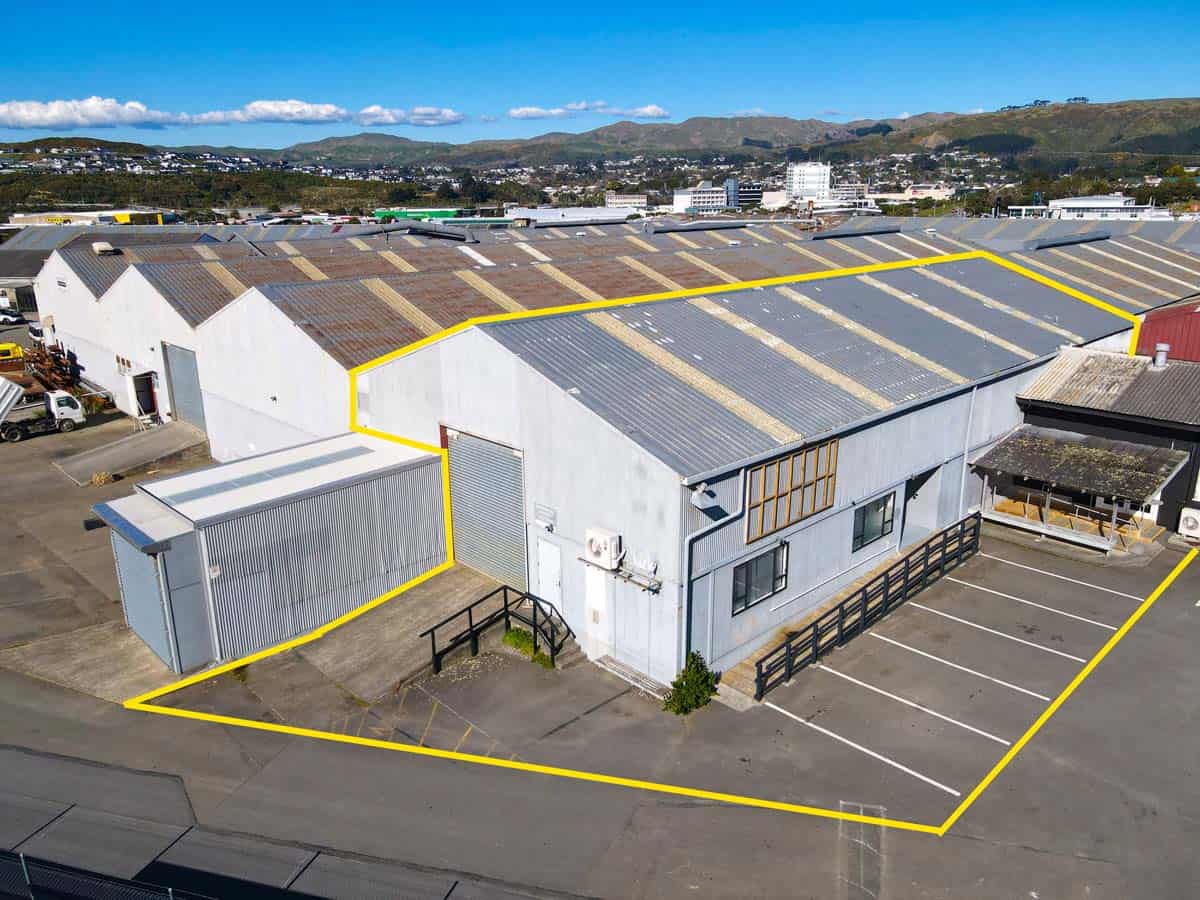 Modern industrial warehouse with parking and loading areas in Christchurch.