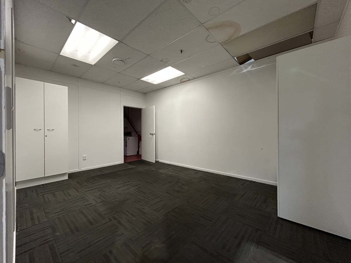 Empty office room with white walls, ceiling lights, and dark carpet flooring.