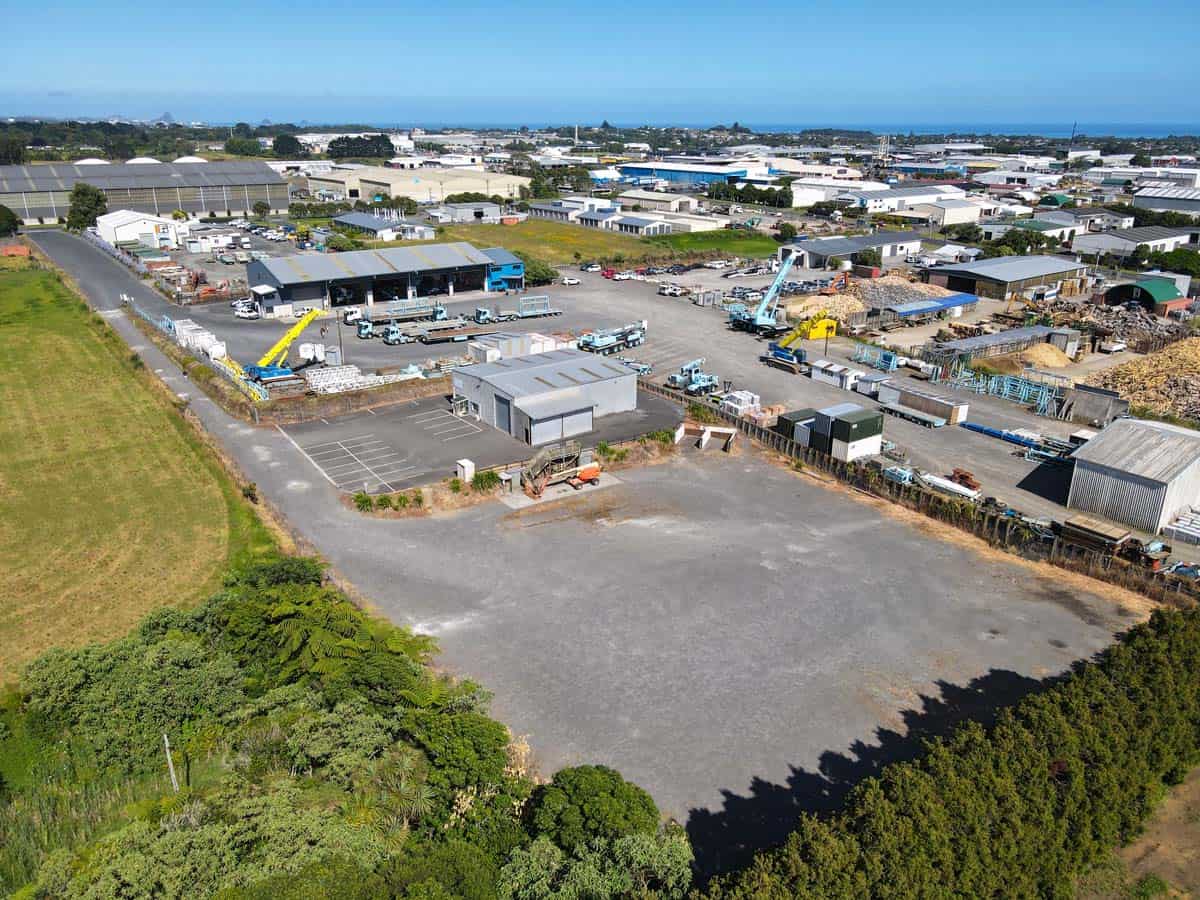 Aerial view of White Lion industrial yard with equipment and storage areas.