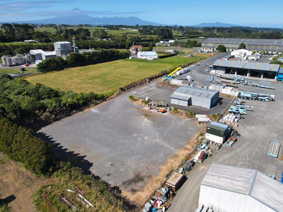 Aerial view of White Lion industrial site at 107 Corbett Road, with warehouses and storage areas.