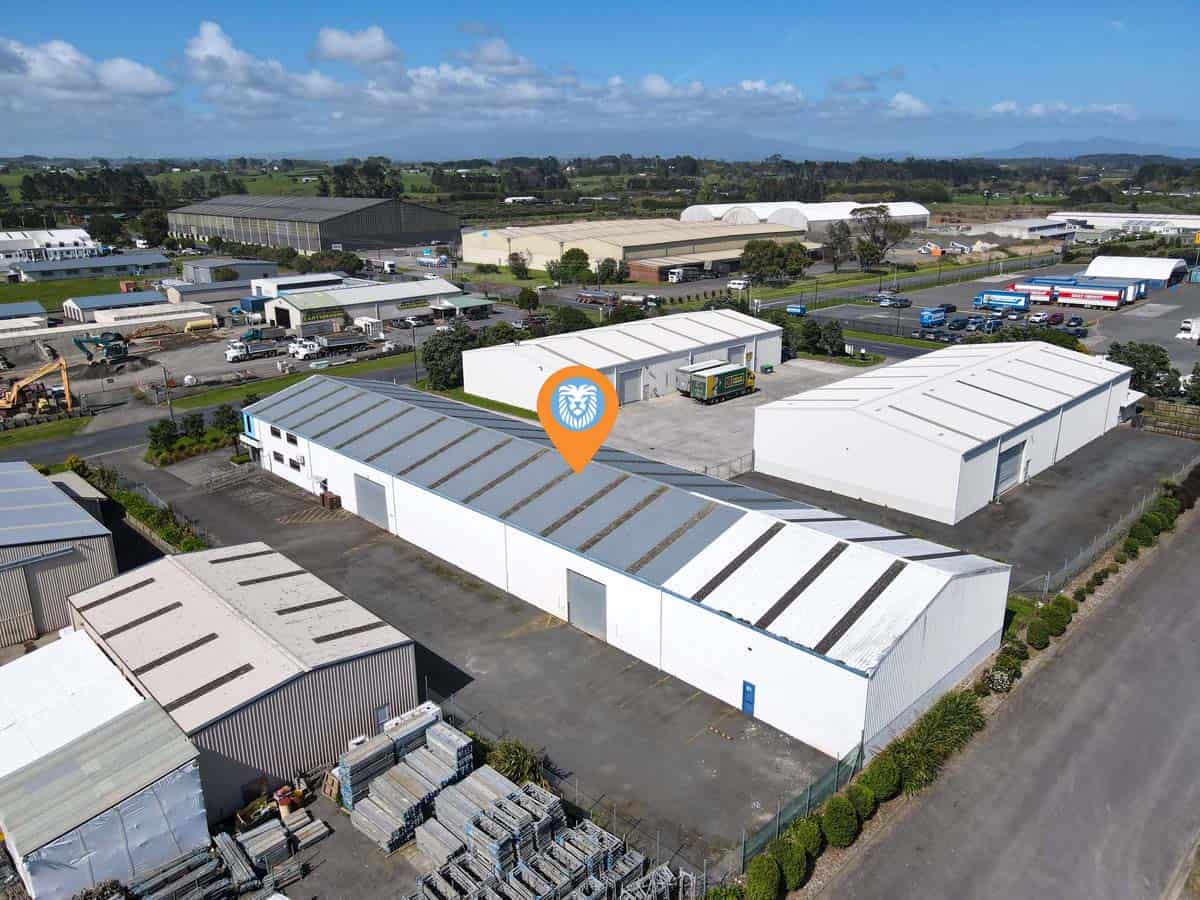 Aerial view of White Lion industrial warehouse complex at 107 De Havilland Drive, Auckland, New Zeal.