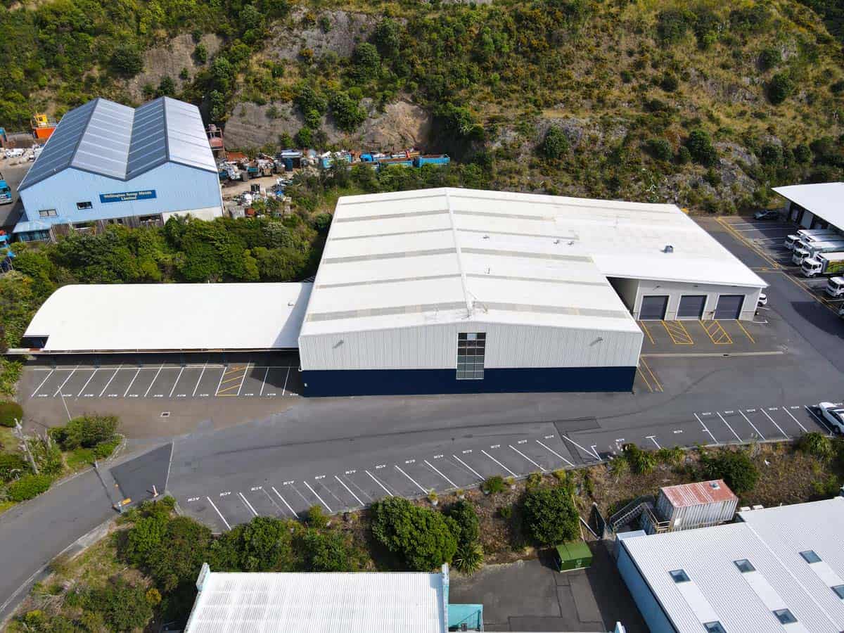 Aerial view of White Lion industrial warehouse at 14 Tyers Road, surrounded by parking and greenery.
