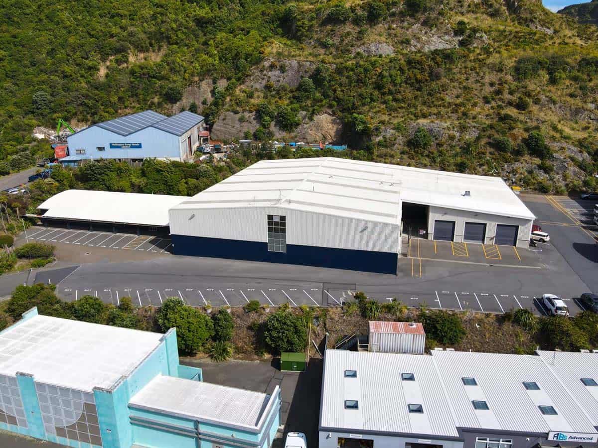 Aerial view of White Lion industrial warehouse located at 14 Tyers Road, surrounded by greenery and.