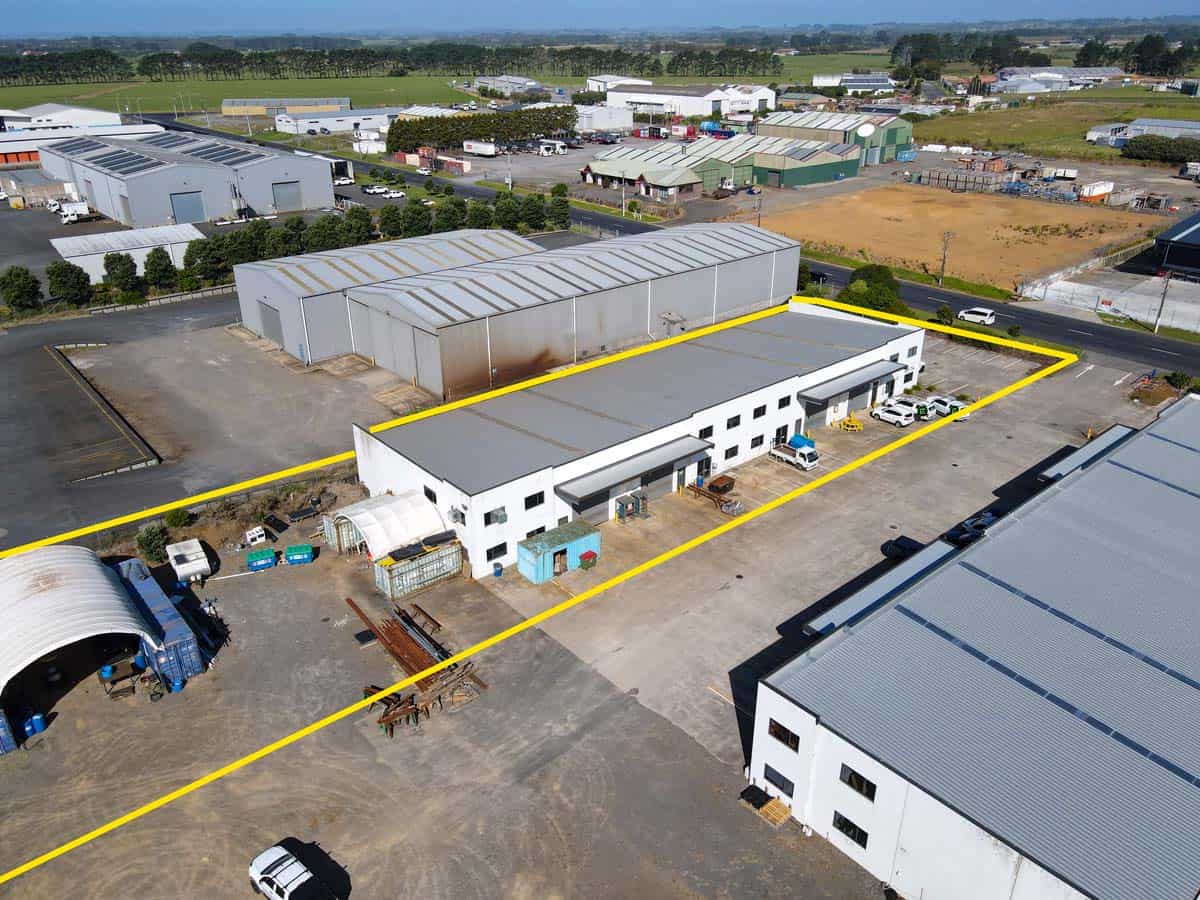 Aerial view of White Lion industrial complex at 211 Connett Road, showcasing modern warehouses and s.