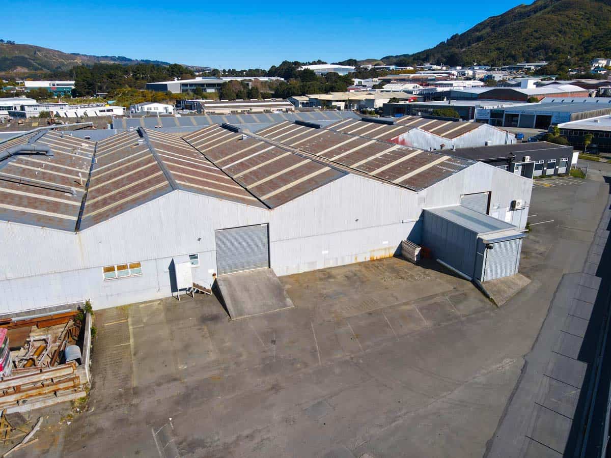 Aerial view of White Lion industrial warehouse with multiple roof sections in New Zealand.
