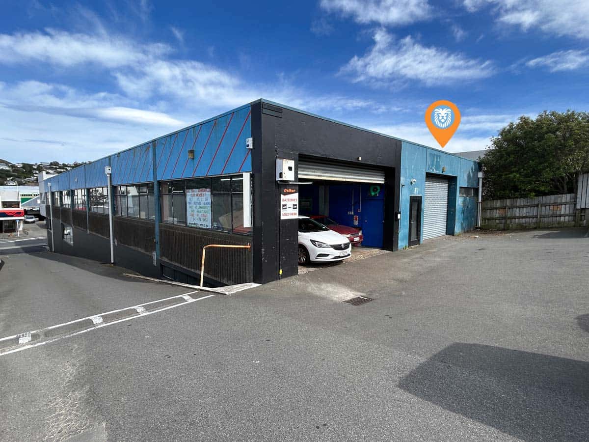 Modern commercial building at 31 Johnsonville Road with White Lion branding.