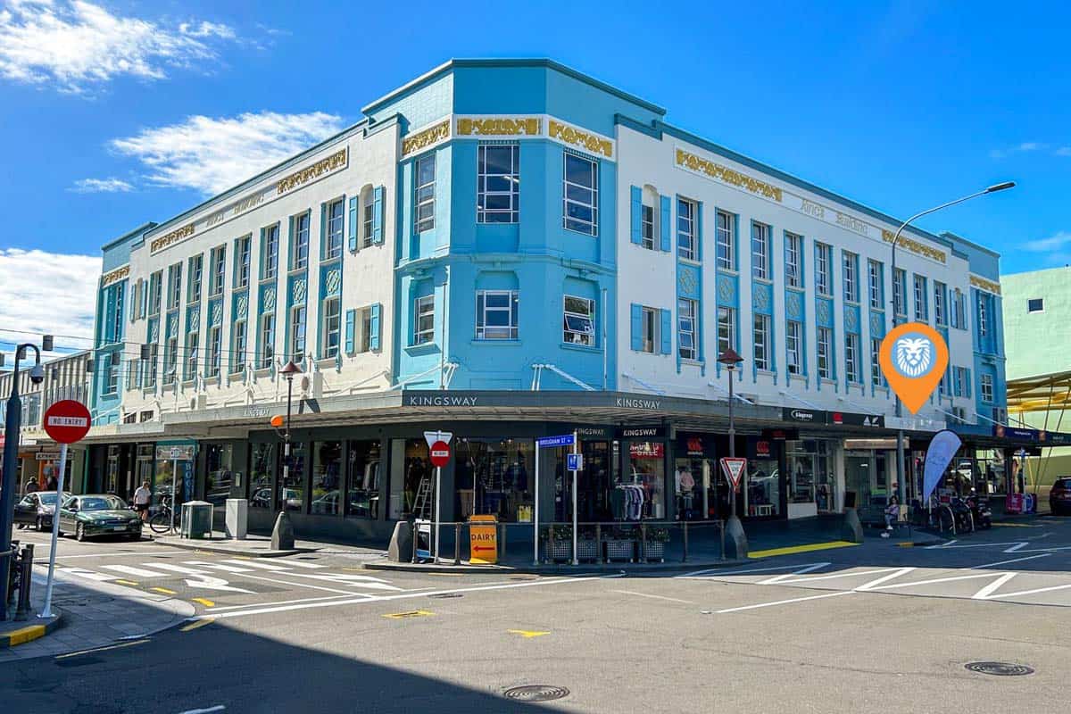 White Lion historic building on Devon Street West, New Zealand.
