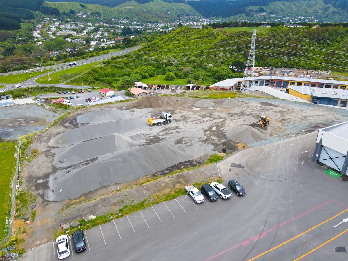 Aerial view of White Lion construction site with machinery and parking area.
