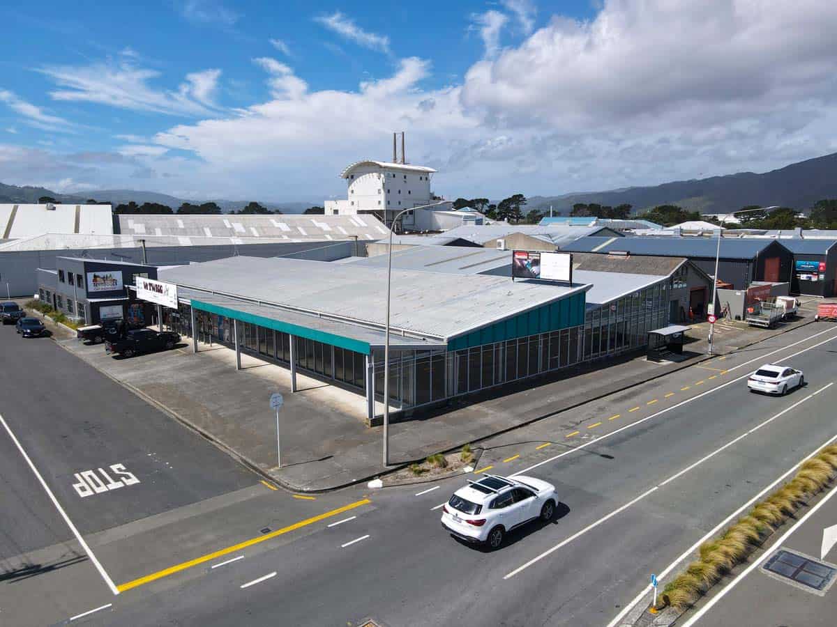 Commercial building of White Lion at 45 Waione Street with parking and surrounding streets.