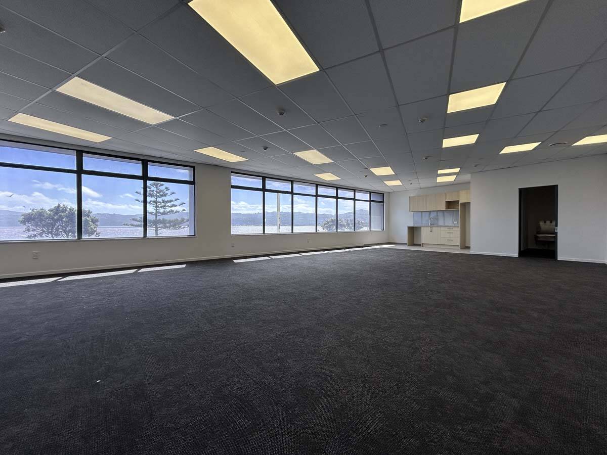 Bright, empty office room with large windows and ceiling lights.