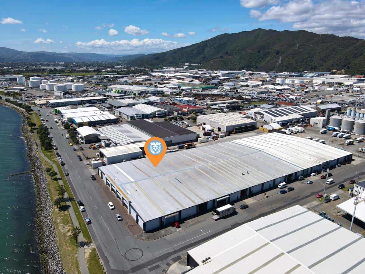 Aerial view of White Lion industrial warehouse at 77 Port Road, with surrounding storage units and m.