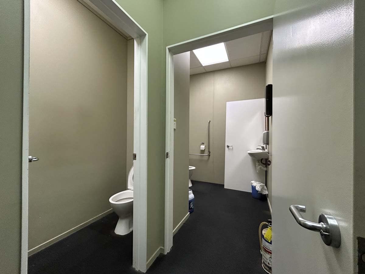 Clean and accessible restroom at 86 Gill Street, featuring modern fixtures and hygiene standards.