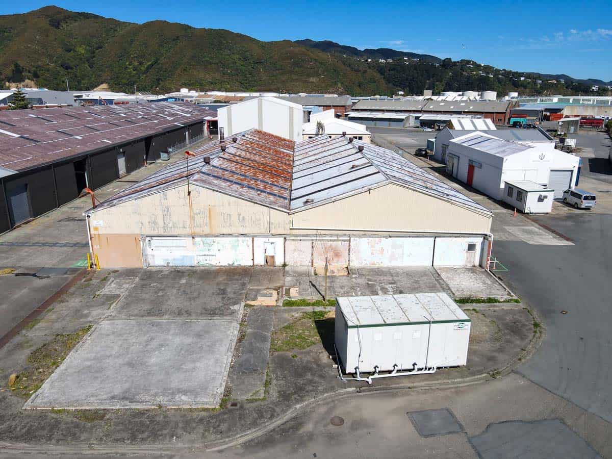 Aerial view of White Lion industrial warehouse in Seaview, Wellington, New Zealand.