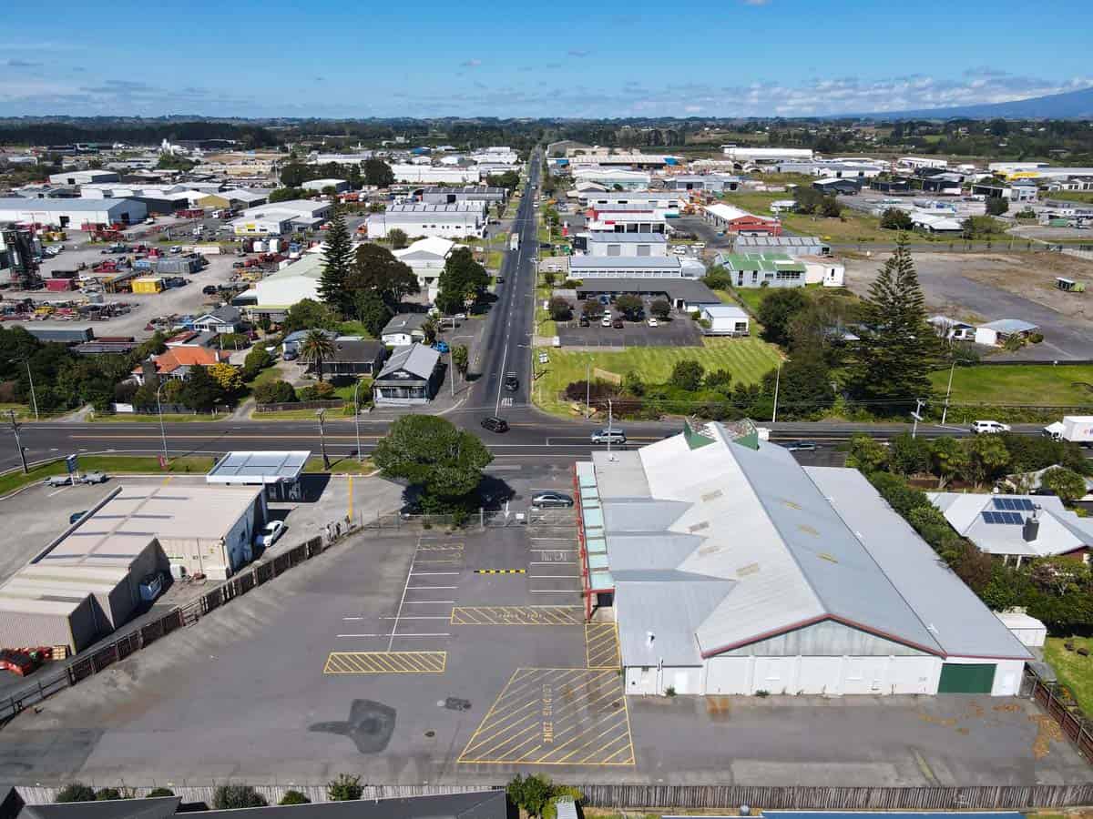 Aerial view of White Lion warehouse and surrounding industrial area at 1121 Devon Road.