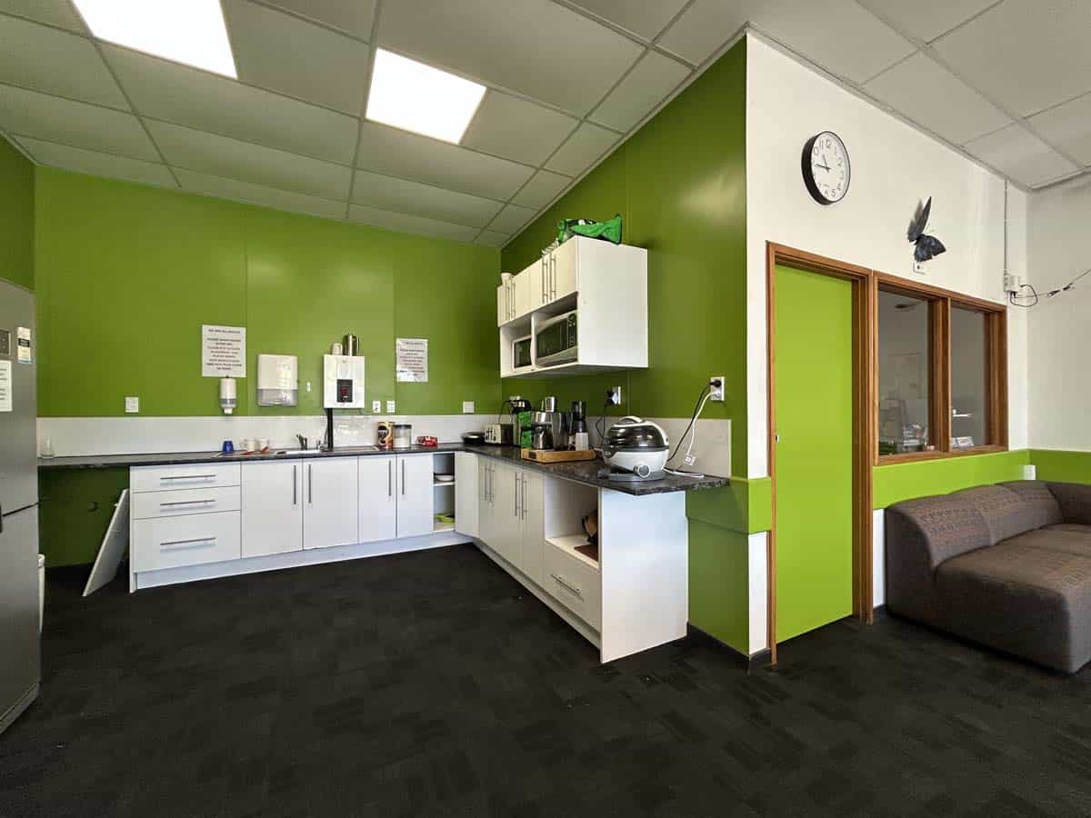 Bright green wall kitchen with white cabinets and black carpet flooring.