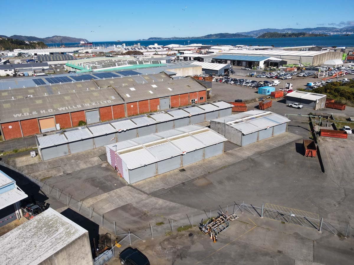 Aerial view of White Lion storage units with waterfront in the background.