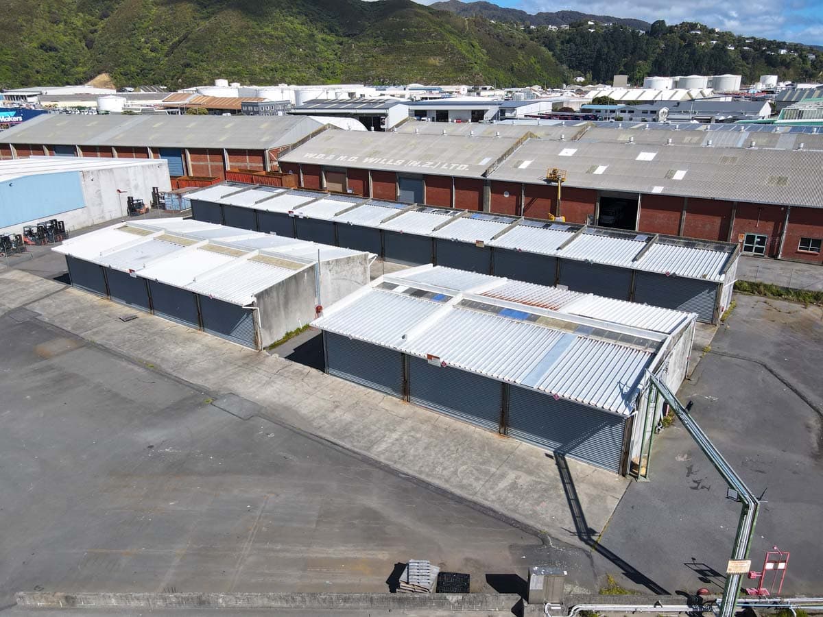 Aerial view of storage units at 42 Seaview Road, White Lion, New Zealand.