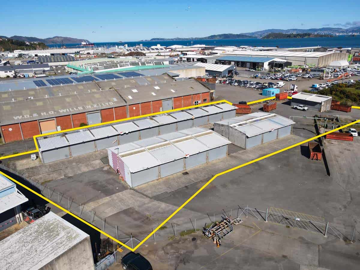 Aerial view of White Lion storage units with outdoor storage containers and surrounding industrial a.