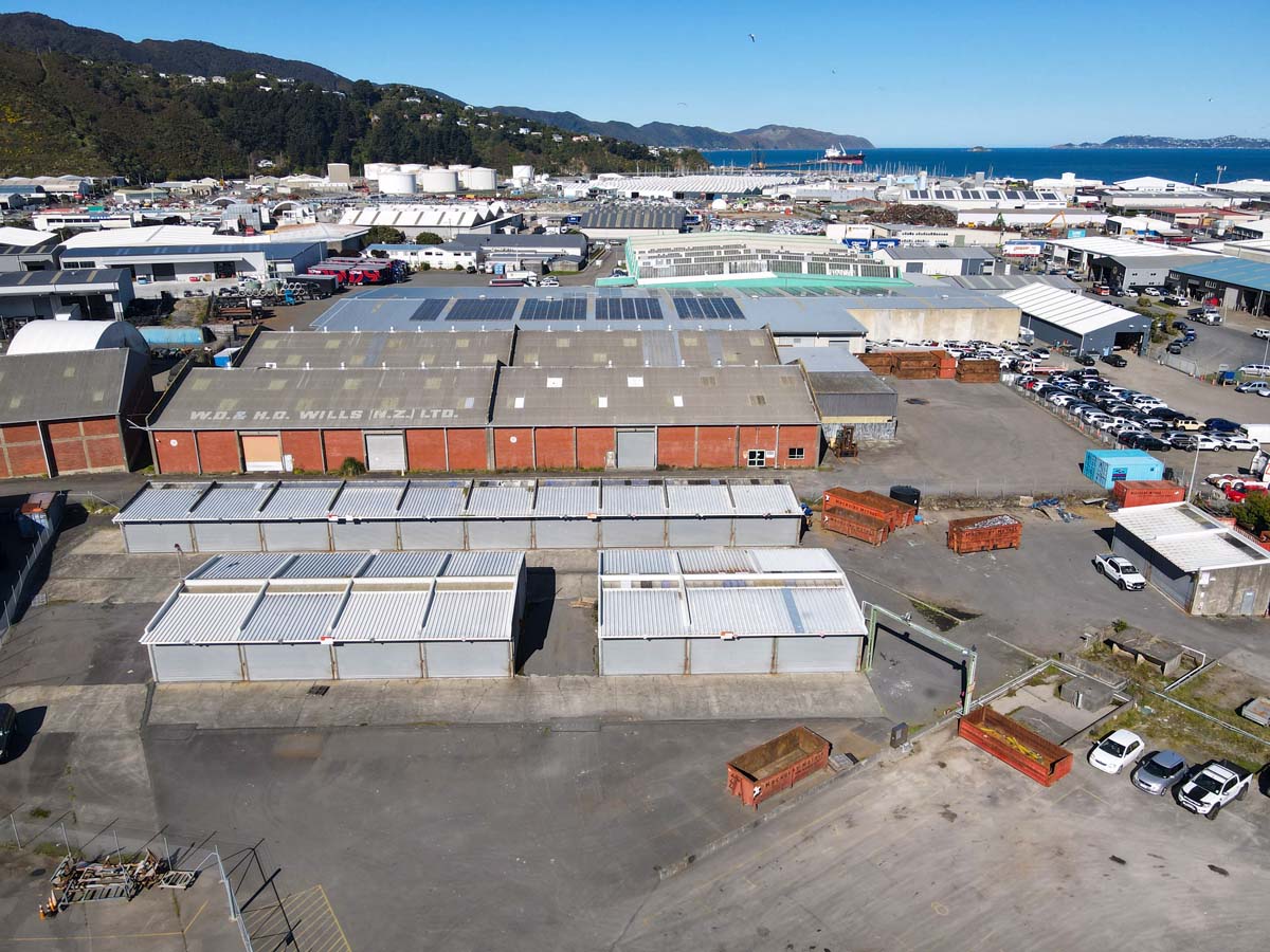 Aerial view of White Lion storage facilities with multiple storage units and parking area.