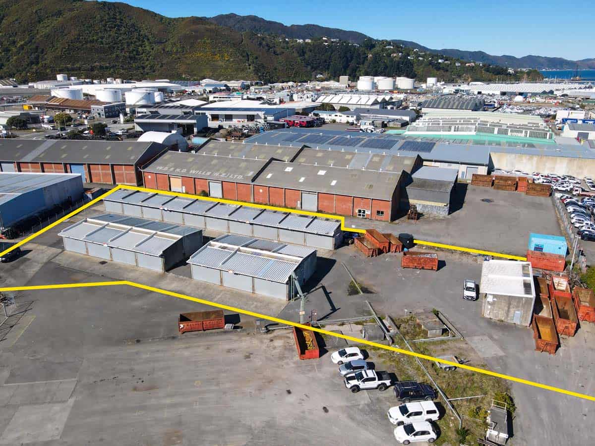 Aerial view of storage units at 42 Seaview Road with organized containers and parking area.