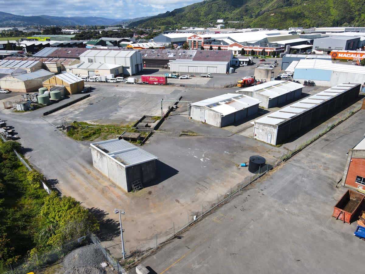 Aerial view of White Lion storage units with multiple containers and industrial buildings in Seaview.