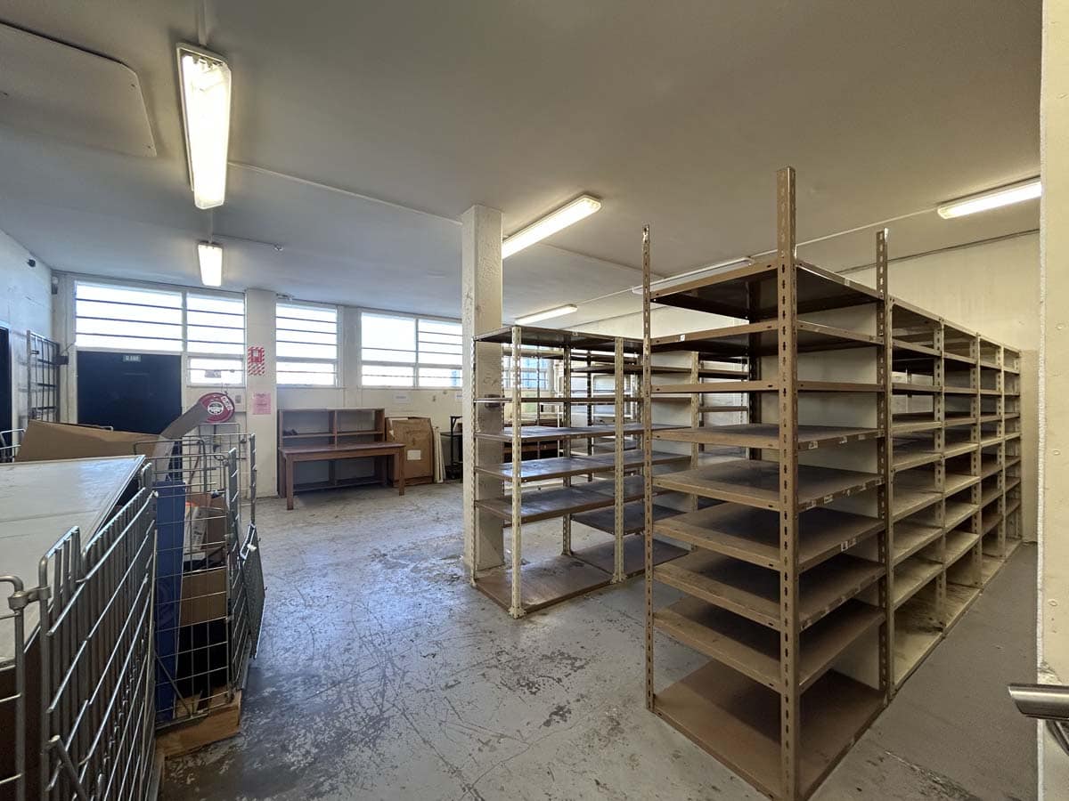 Interior view of storage shelves at White Lion, 122 Hutt Road, Wellington.