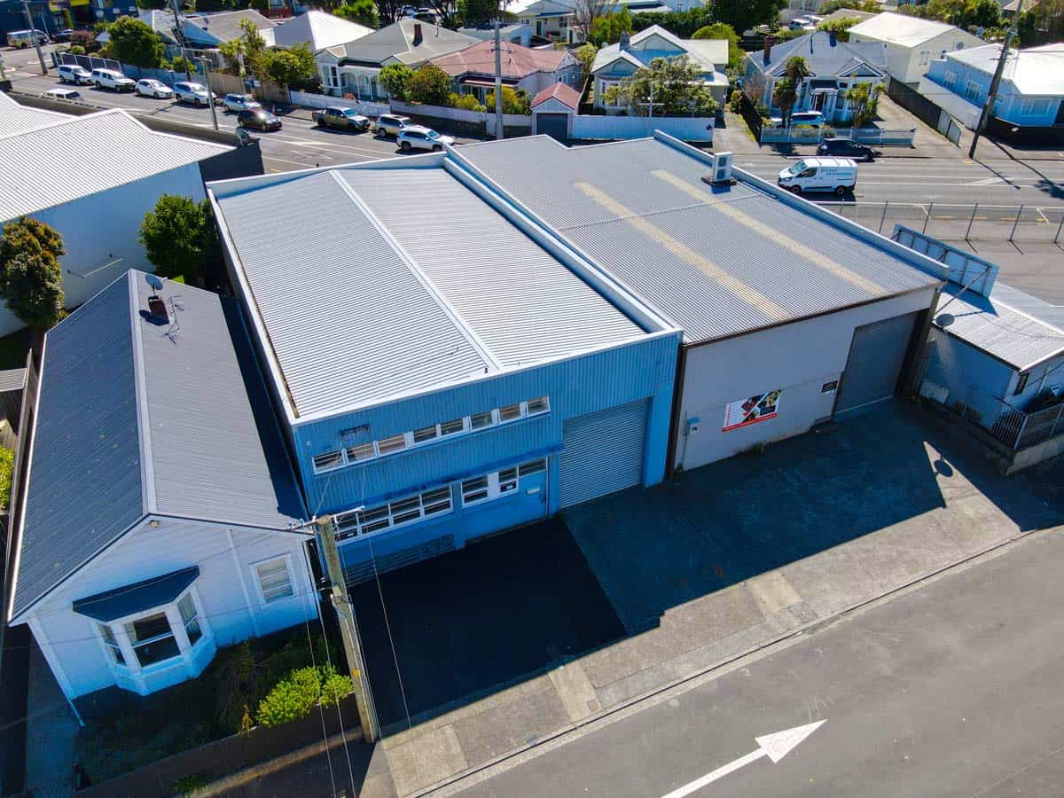 Aerial view of White Lion commercial building at 122 Hutt Road, Wellington, New Zealand.