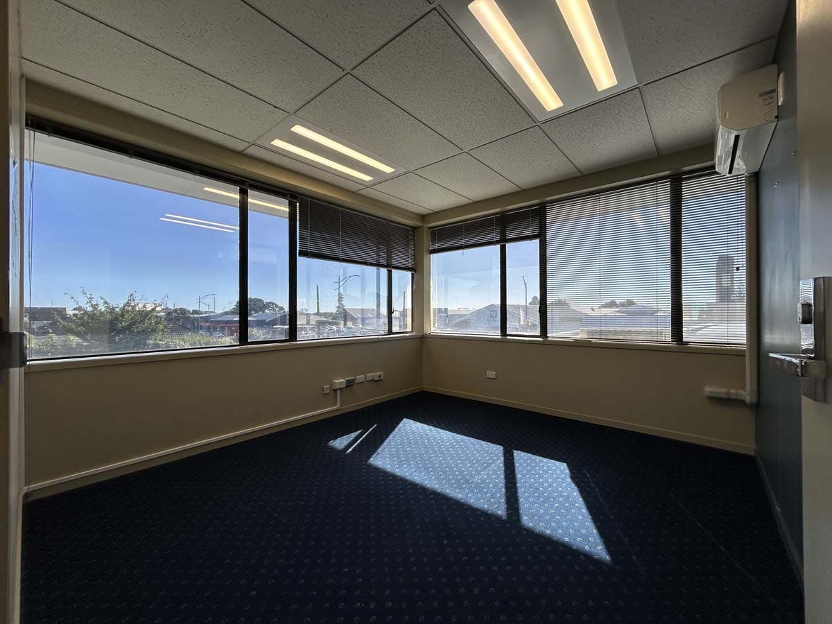 Bright office space with panoramic city views and natural light.