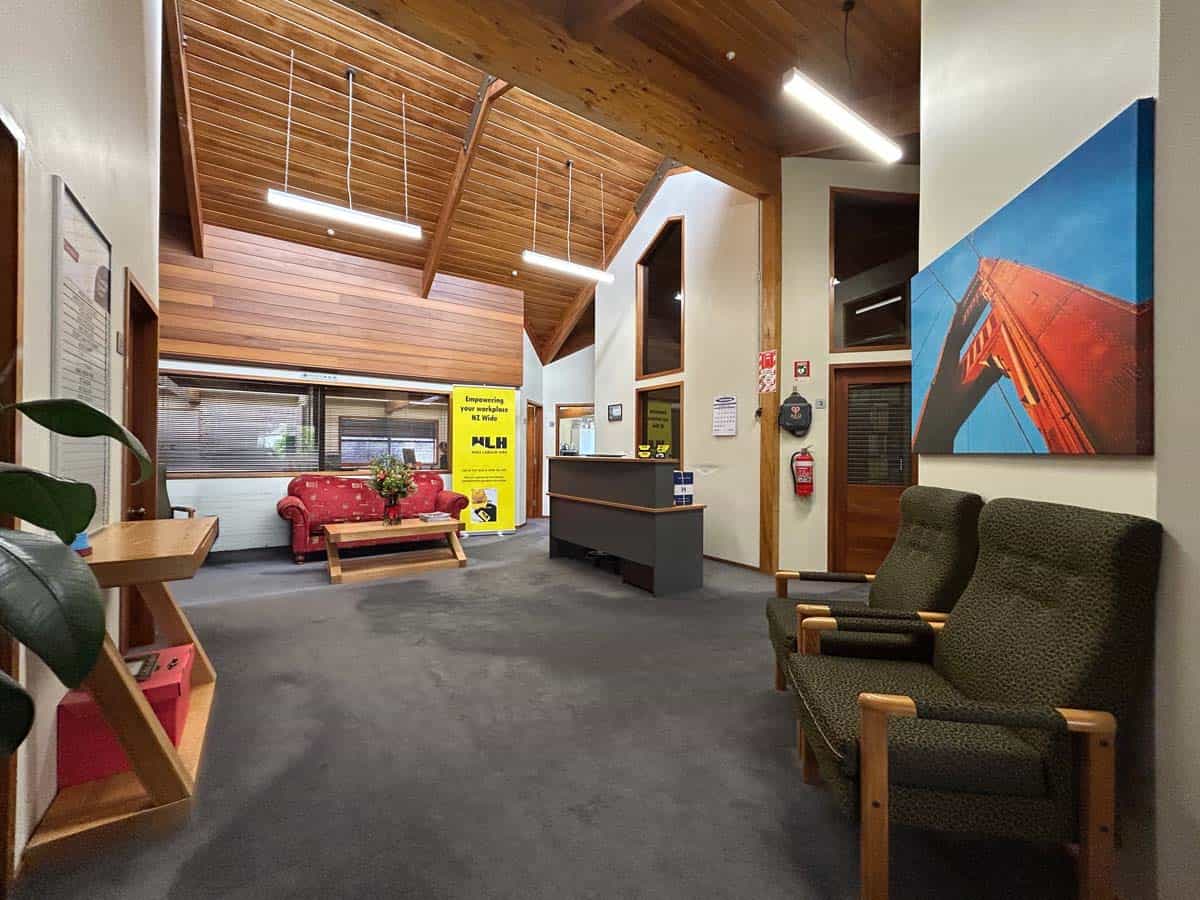 Bright, welcoming workspace with comfortable seating and contemporary decor.