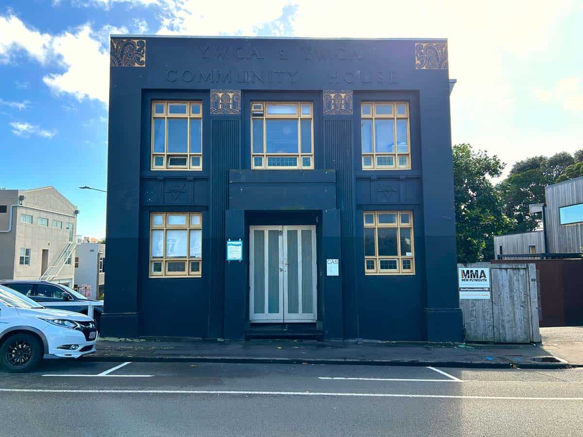 Historic Blue Building at 74 Powderham Street, White Lion Community House in New Zealand.