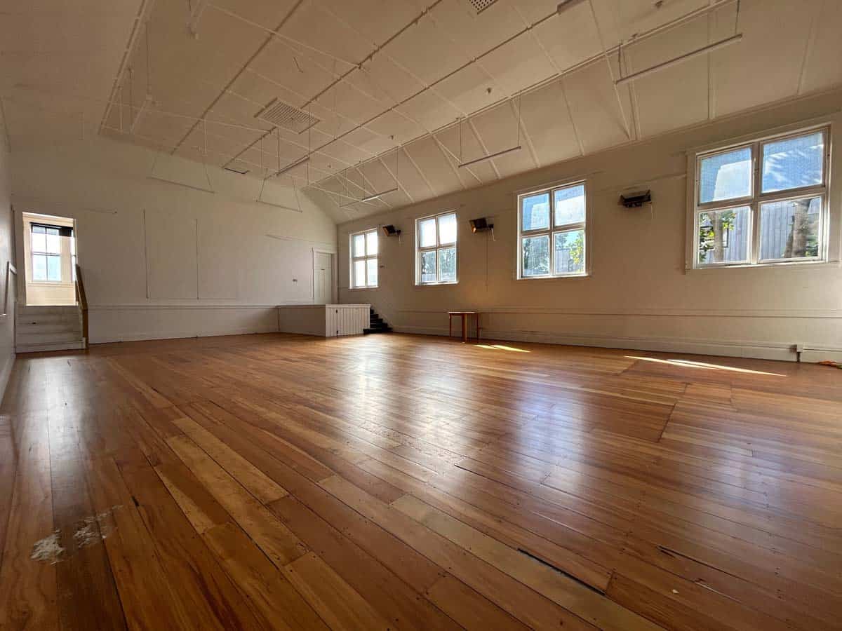 Spacious interior of White Lion venue with wooden floors and large windows.