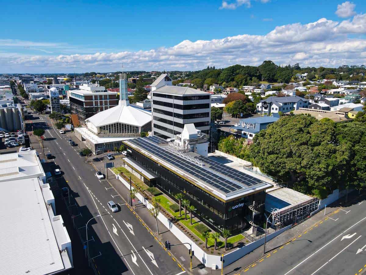Modern commercial building with solar panels in Wellington CBD.