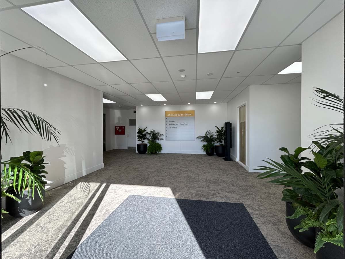 Modern office lobby with natural light and indoor plants.