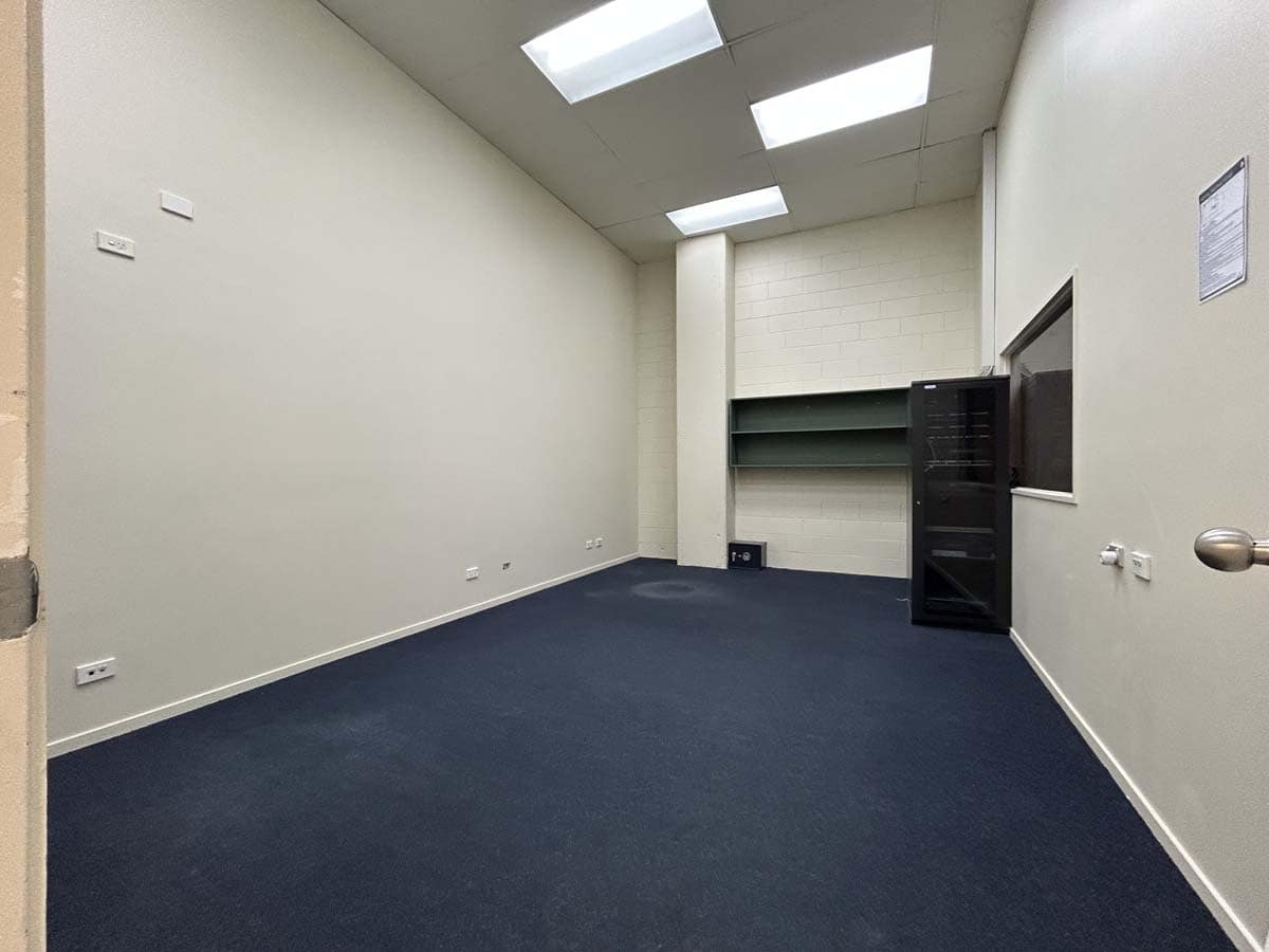 Empty office room with white walls, blue carpet, and ceiling lighting.