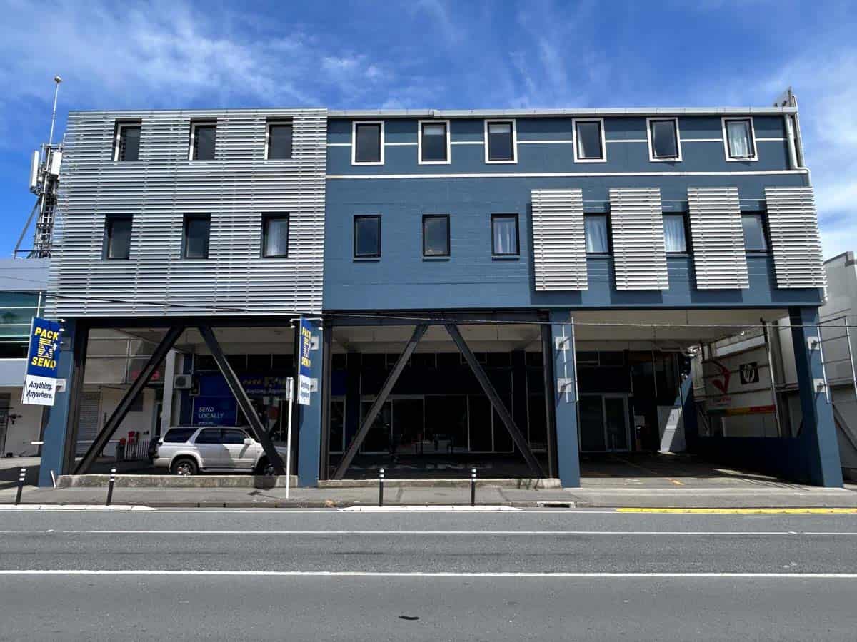 Contemporary office building in Auckland with unique architectural design.