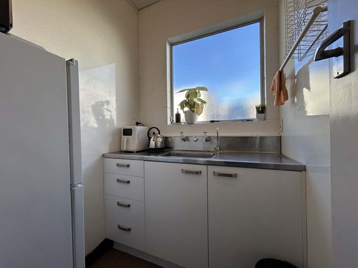 Kitchen with white cabinets, window, and potted plant.