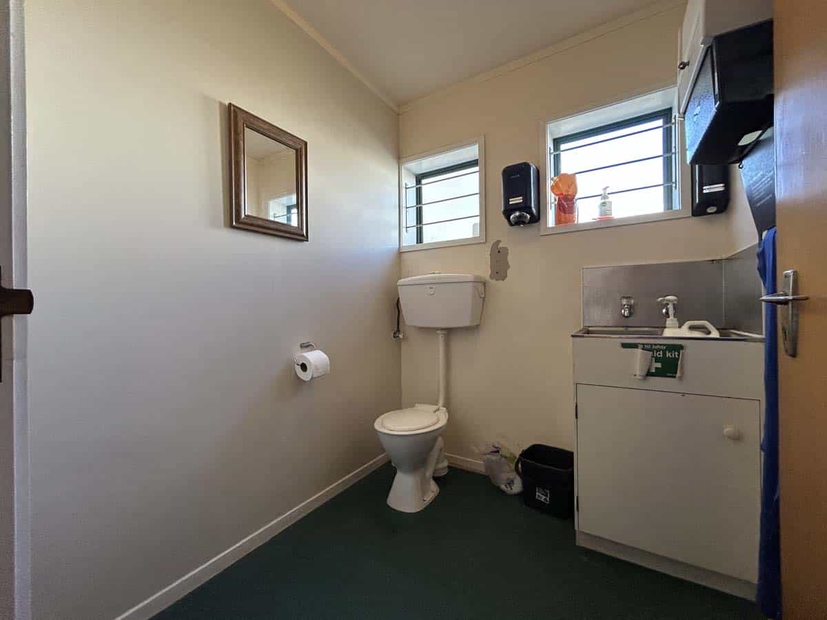 Bathroom with toilet, sink, and windows in a NZ building.