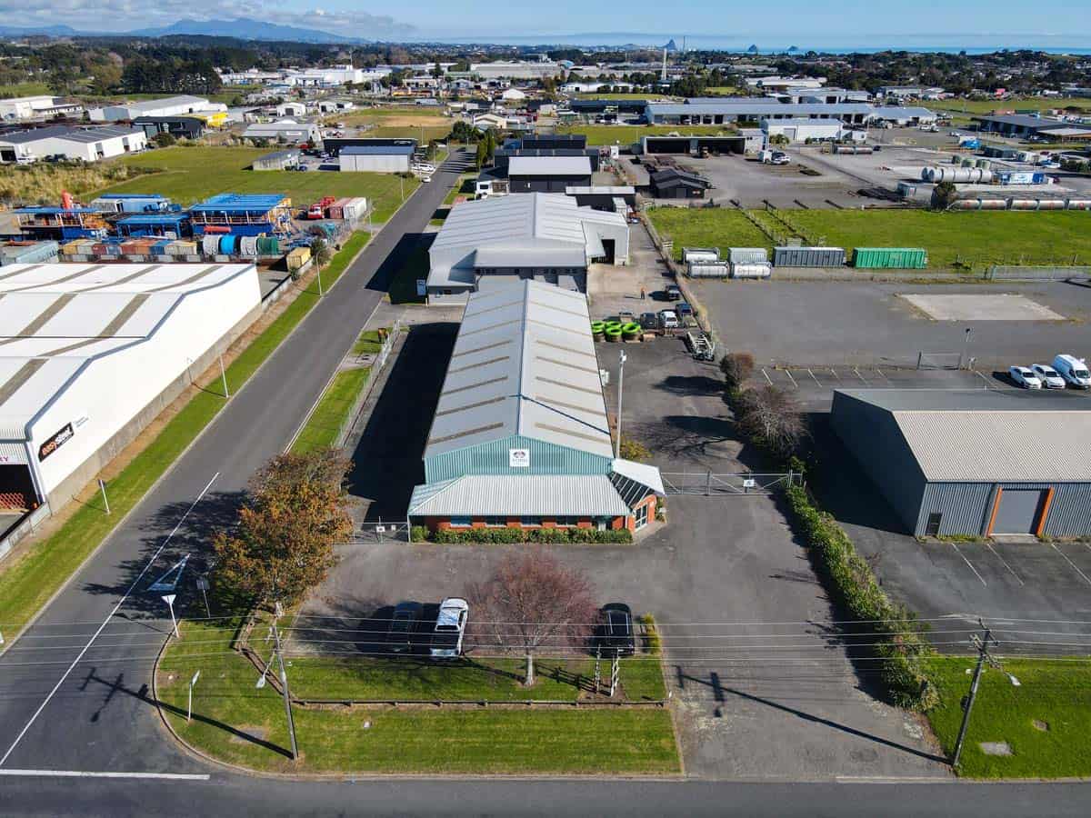Aerial view of White Lion industrial buildings and surrounding area in New Zealand.